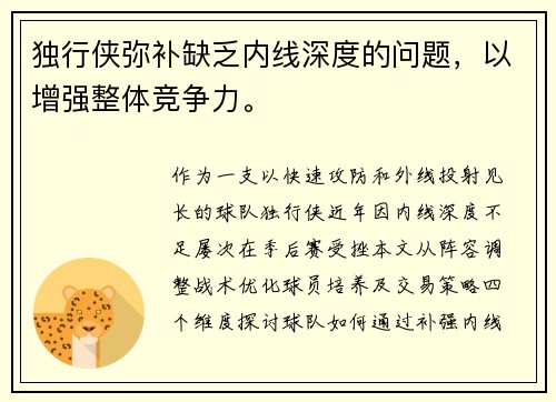 独行侠弥补缺乏内线深度的问题，以增强整体竞争力。