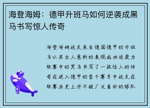 海登海姆：德甲升班马如何逆袭成黑马书写惊人传奇