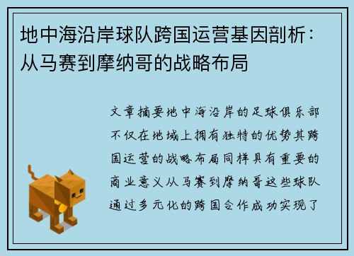 地中海沿岸球队跨国运营基因剖析：从马赛到摩纳哥的战略布局