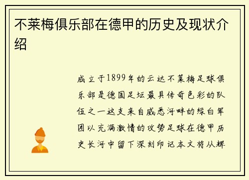 不莱梅俱乐部在德甲的历史及现状介绍