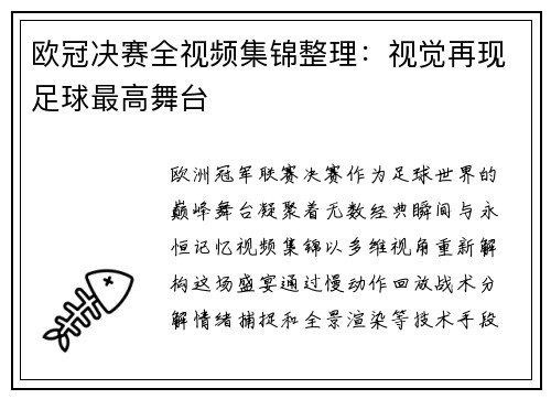 欧冠决赛全视频集锦整理：视觉再现足球最高舞台
