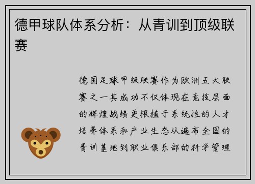 德甲球队体系分析：从青训到顶级联赛